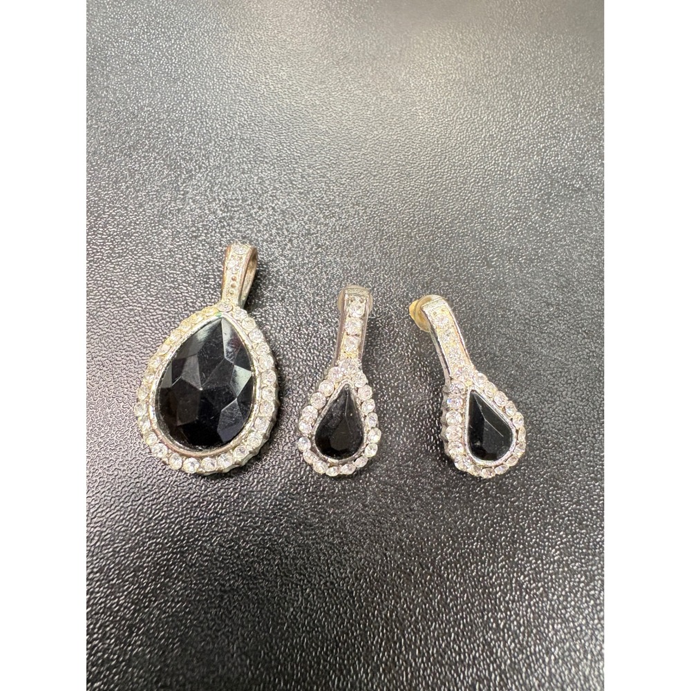 Vintage RMN Black Glass Teardrop Pendant and Earring Set Rhinestone Halo Silver